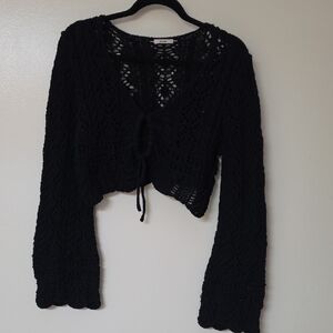 miami Black Crocheted Tie-Front Cropped Cardigan Top